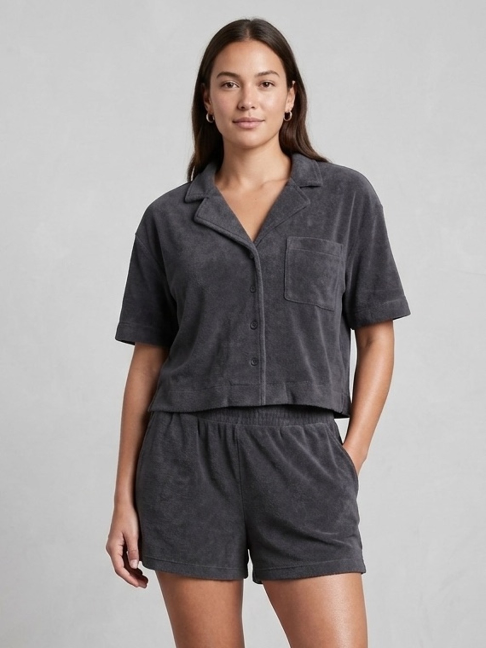 GAP Sz S Petite Terry Cloth Grey Relaxed Lounge Casual Short Top Set
